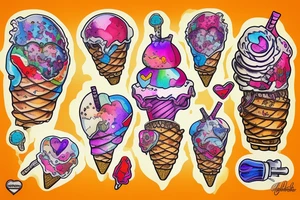 An anatomical heart that is sitting on top of an ice cream cone like some ice cream that looks like it is melting and has psychedelic coloring tattoo idea