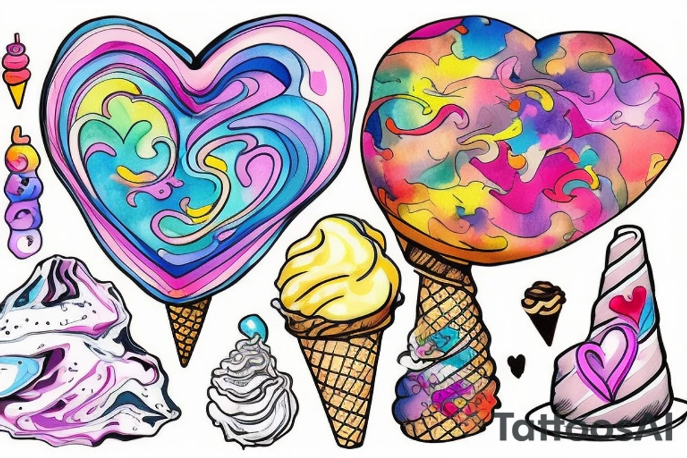 A realistic looking heart that is sitting on top of an ice cream cone that looks like it is melting and has psychedelic coloring tattoo idea