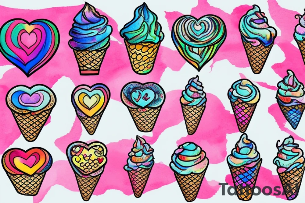A realistic looking heart that is sitting on top of an ice cream cone that looks like it is melting and has psychedelic coloring tattoo idea