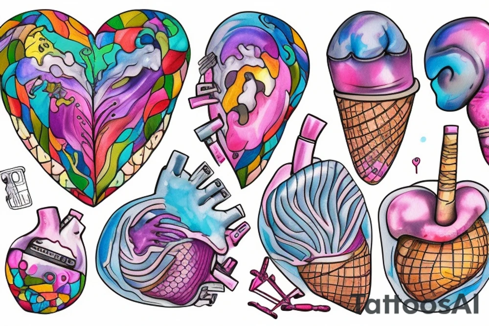 an anatomical heart that looks like it is melting like ice cream that has psychedelic colors tattoo idea