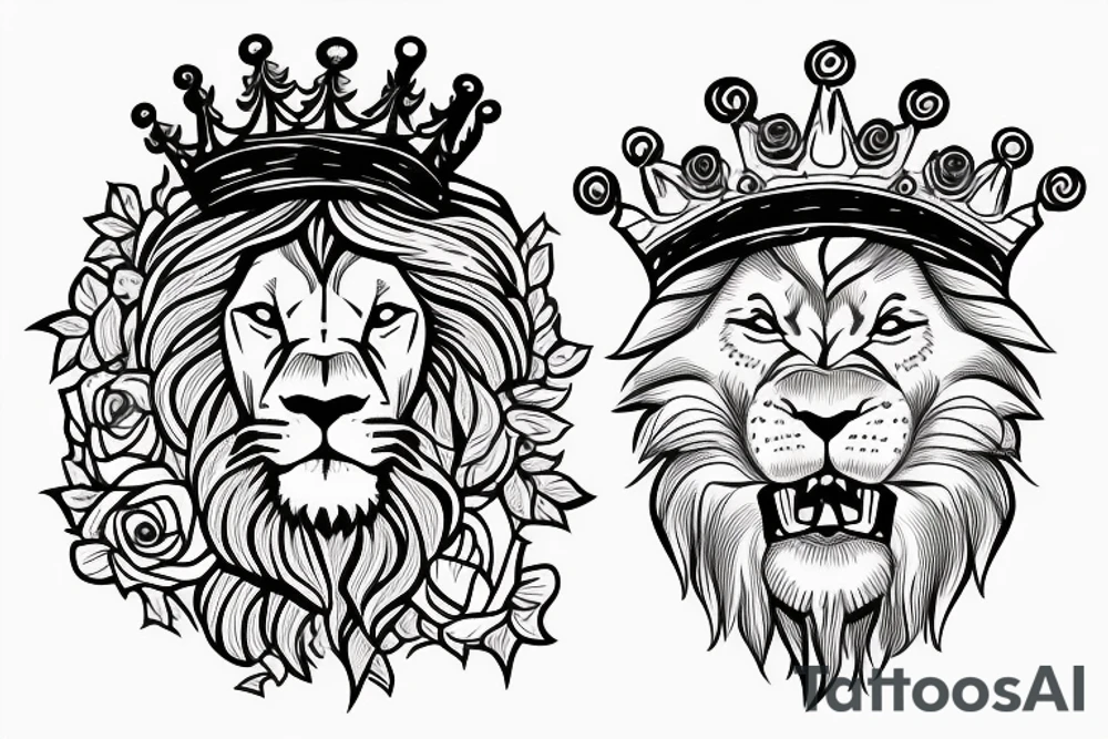 Lion with a crown and a rose in the bottom tattoo idea