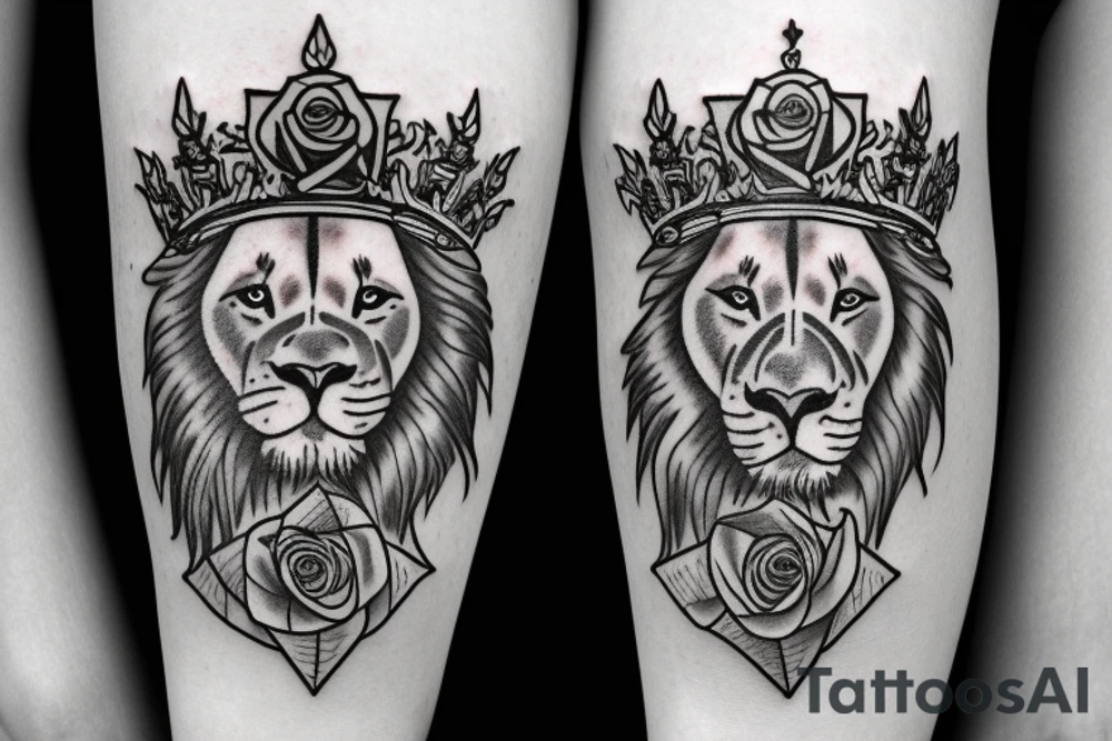 Lion with a crown and a rose in the bottom tattoo idea