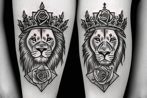 Lion with a crown and a rose in the bottom tattoo idea