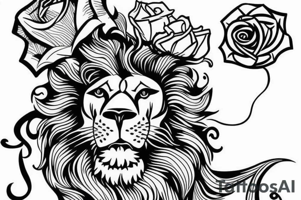 Lion roaring with a crown and a rose in the bottom tattoo idea