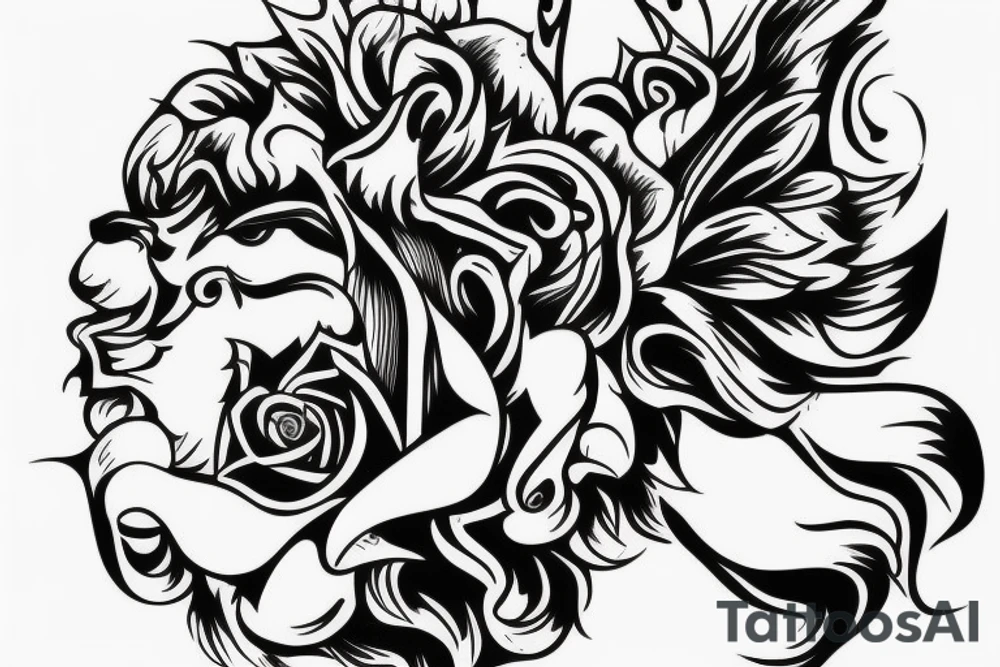 Lion roaring with a crown and a rose in the bottom tattoo idea