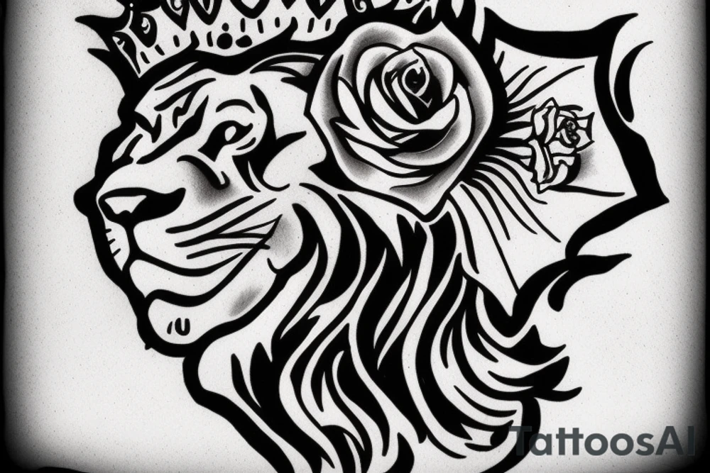 Lion roaring with a crown and a rose in the bottom tattoo idea
