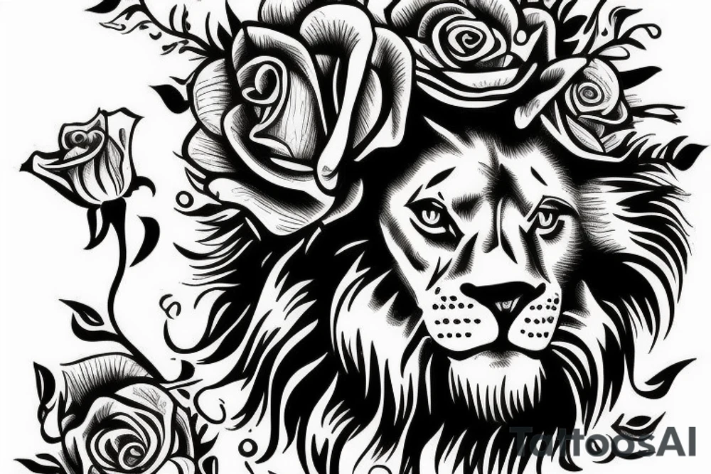 Lion roaring with a crown and a rose in the bottom tattoo idea