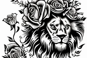 Lion roaring with a crown and a rose in the bottom tattoo idea