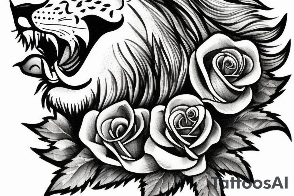 Lion roaring with a crown and a rose in the bottom tattoo idea