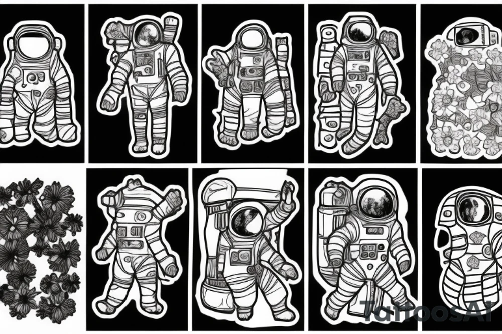 Astronaut in a spacesuit, but instead of the head, there should be a bouquet made out of different flowers. tattoo idea