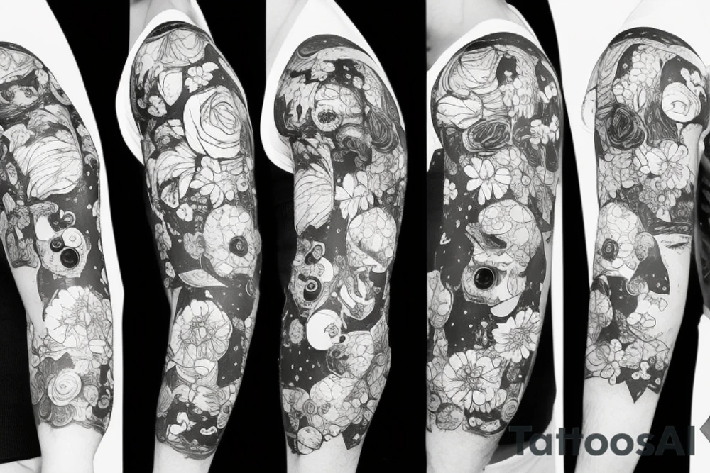 Astronaut in a spacesuit, but instead of the head, there should be a bouquet made out of different flowers. tattoo idea