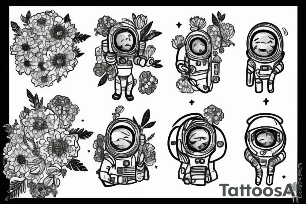Astronaut in a spacesuit, but instead of the head, there should be a bouquet made out of different flowers. tattoo idea