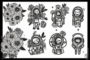 Astronaut in a spacesuit, but instead of the head, there should be a bouquet made out of different flowers. tattoo idea