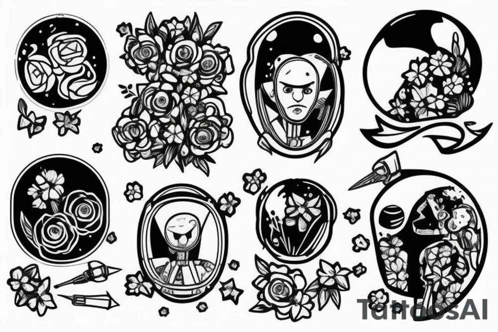 Astronaut in a spacesuit, but instead of the head, there should be a bouquet made out of different flowers. tattoo idea