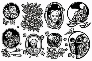 Astronaut in a spacesuit, but instead of the head, there should be a bouquet made out of different flowers. tattoo idea
