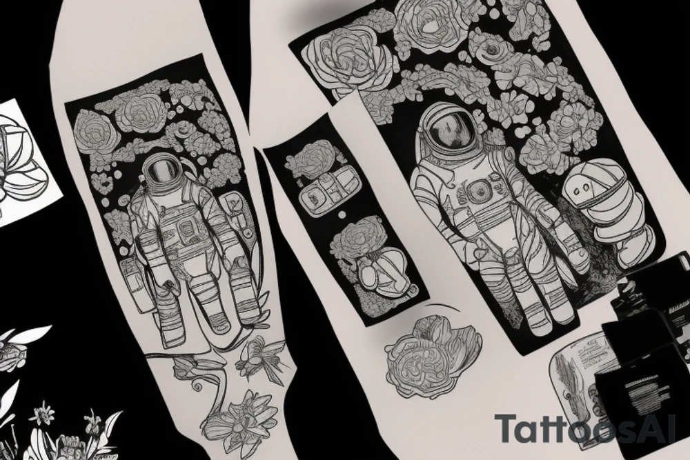 Astronaut in a spacesuit, but instead of the head, there should be a bouquet made out of different flowers. tattoo idea