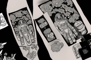 Astronaut in a spacesuit, but instead of the head, there should be a bouquet made out of different flowers. tattoo idea