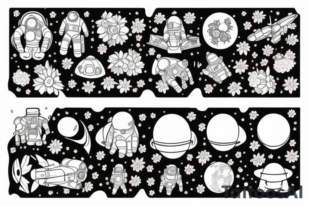 Astronaut in a spacesuit, but instead of the head, there should be a bouquet made out of different flowers. tattoo idea