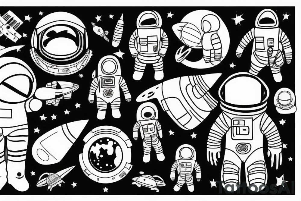 Little astronaut in a spacesuit. Only black lines. tattoo idea
