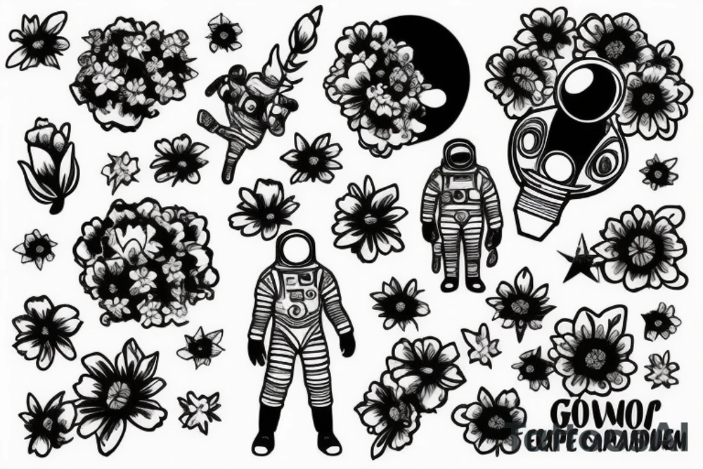 Astronaut in a spacesuit. But instead of the head, create a bouquet of flowers growing out of the neck. tattoo idea