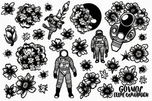 Astronaut in a spacesuit. But instead of the head, create a bouquet of flowers growing out of the neck. tattoo idea