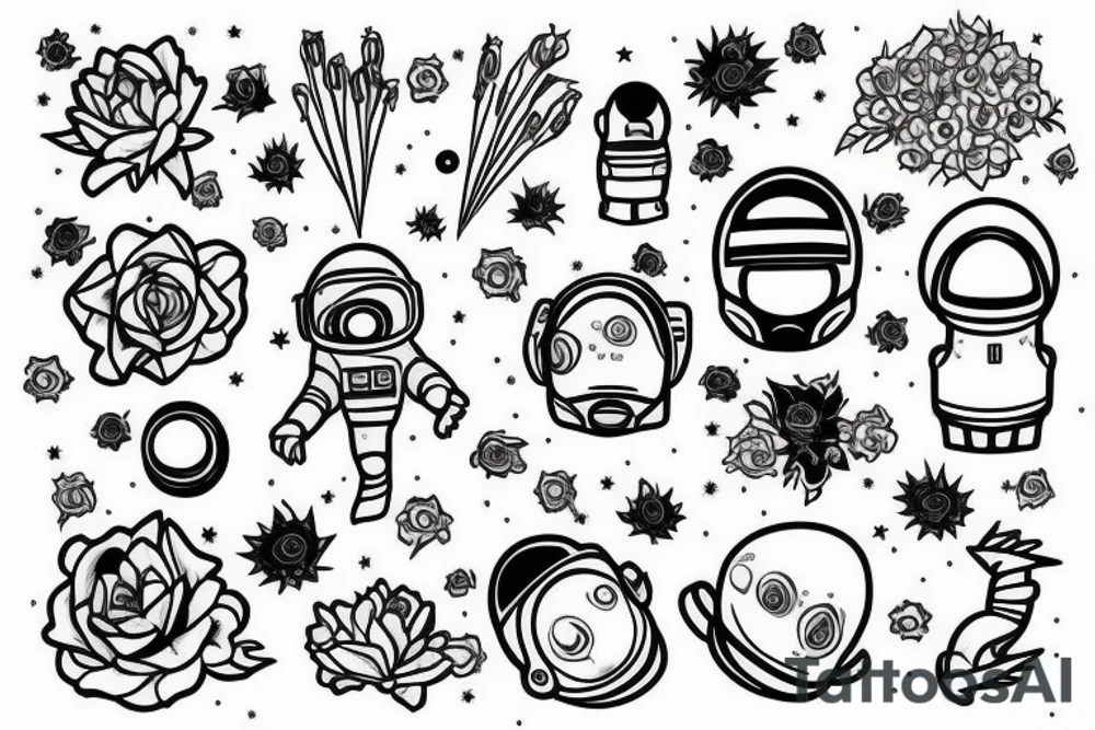 Astronaut in a spacesuit. But instead of the head, create a bouquet of flowers growing out of the neck. tattoo idea