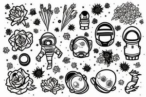 Astronaut in a spacesuit. But instead of the head, create a bouquet of flowers growing out of the neck. tattoo idea