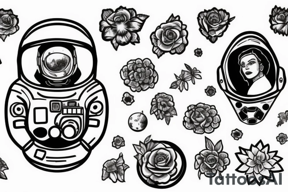 Astronaut in a spacesuit. But instead of the head, create a bouquet of flowers growing out of the neck. tattoo idea