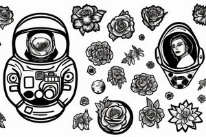 Astronaut in a spacesuit. But instead of the head, create a bouquet of flowers growing out of the neck. tattoo idea