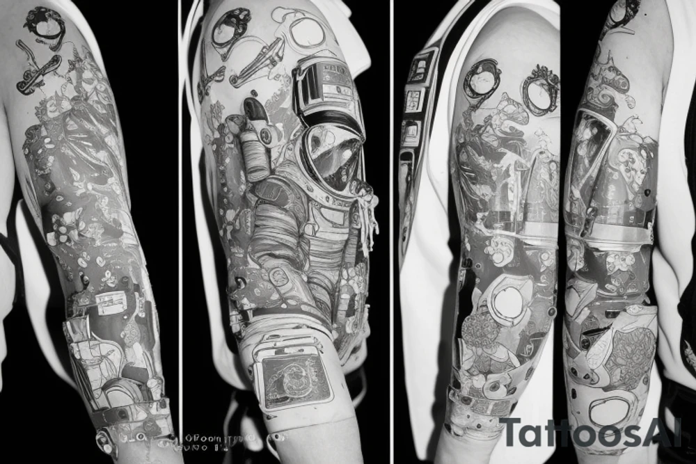 Astronaut in a spacesuit. The head is a bouquet of flowers. tattoo idea