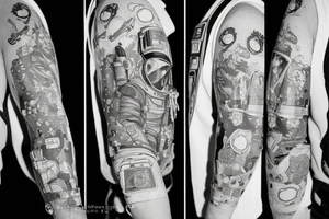 Astronaut in a spacesuit. The head is a bouquet of flowers. tattoo idea