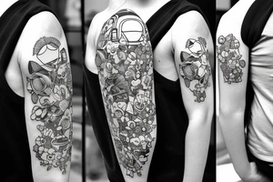 Astronaut in a spacesuit. The head is a bouquet of flowers. tattoo idea