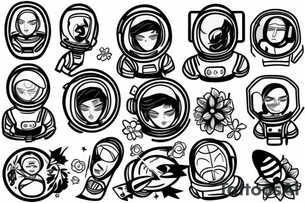 Astronaut in a spacesuit. The head is a bouquet of flowers. tattoo idea