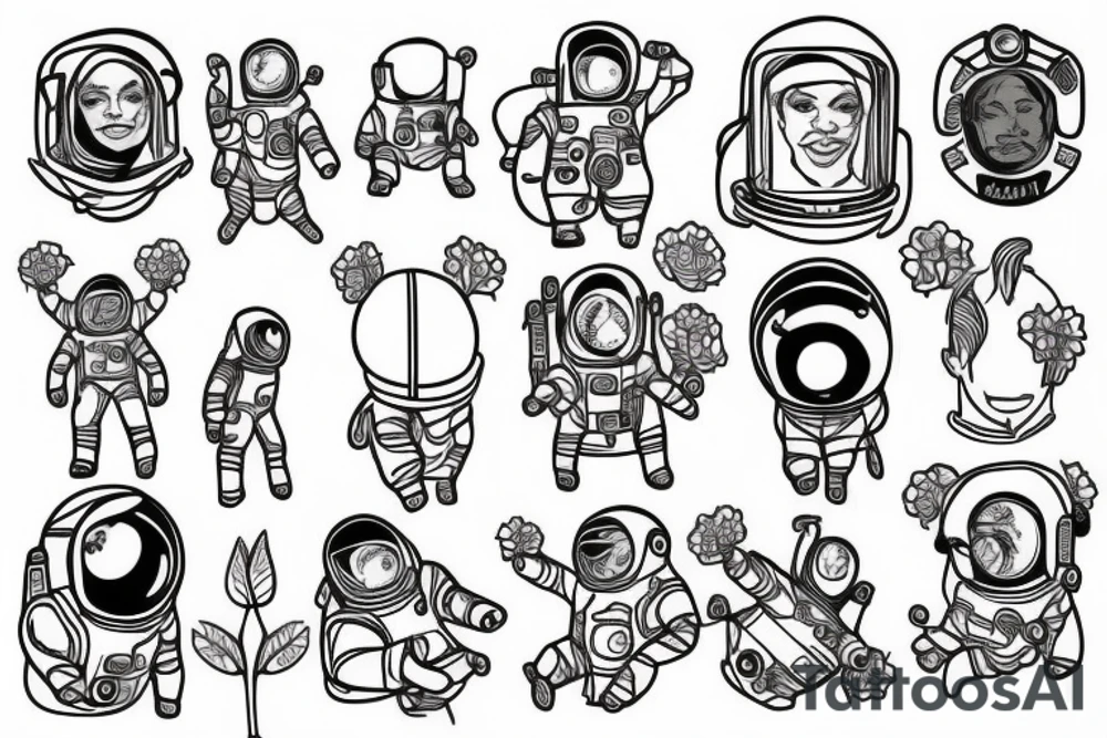 Astronaut in a spacesuit. The head is a bouquet of flowers. tattoo idea
