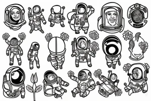 Astronaut in a spacesuit. The head is a bouquet of flowers. tattoo idea