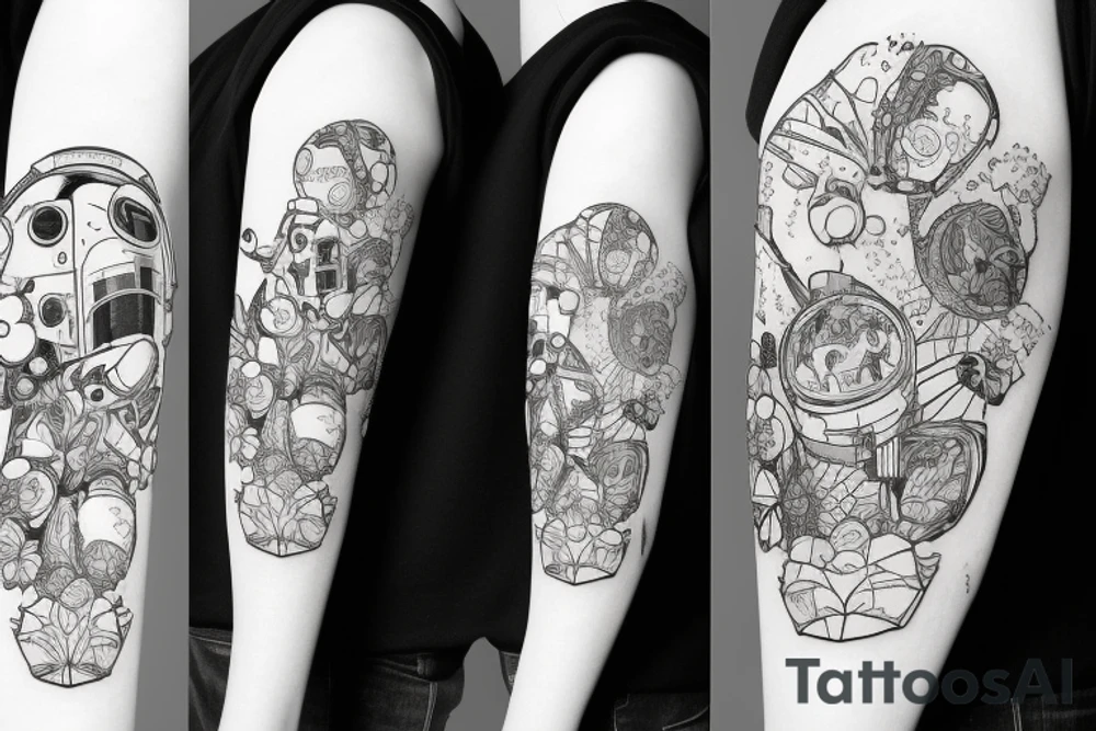 Astronaut in a spacesuit. The head is a bouquet of flowers. tattoo idea