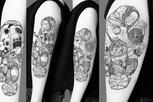Astronaut in a spacesuit. The head is a bouquet of flowers. tattoo idea
