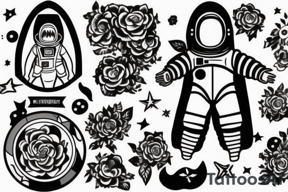 Astronaut in a spacesuit. The head is a bouquet of flowers. tattoo idea