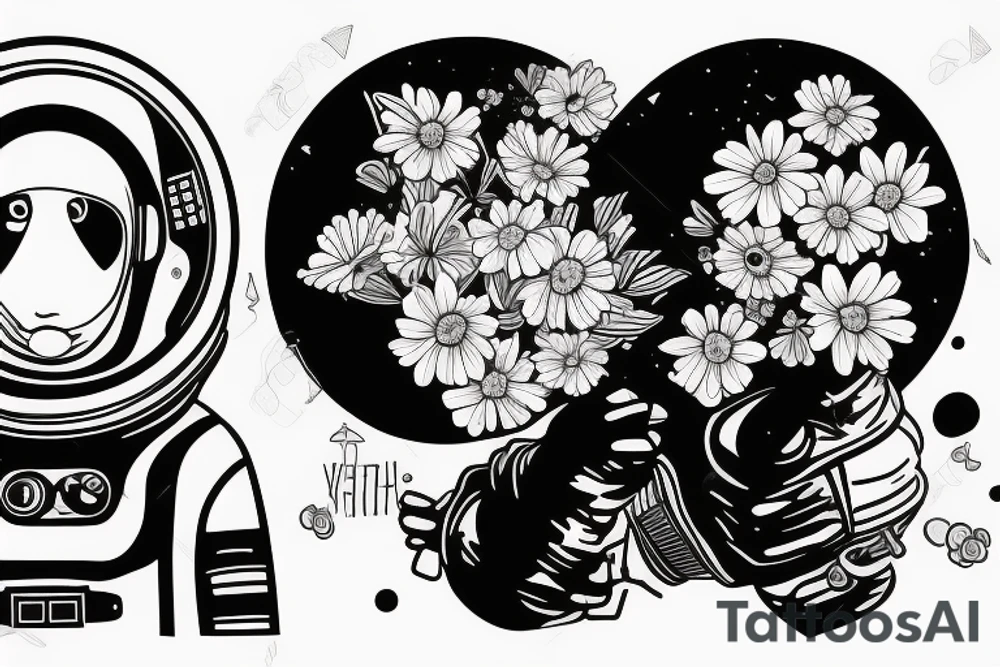 Astronaut in a spacesuit. The head is a bouquet of flowers. tattoo idea