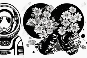 Astronaut in a spacesuit. The head is a bouquet of flowers. tattoo idea