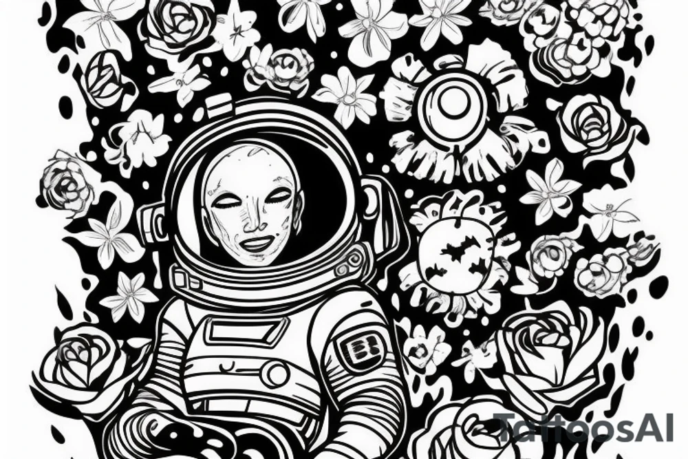 Astronaut in a spacesuit. The head is a bouquet of flowers. tattoo idea