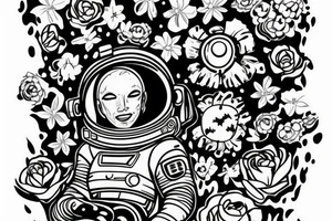 Astronaut in a spacesuit. The head is a bouquet of flowers. tattoo idea