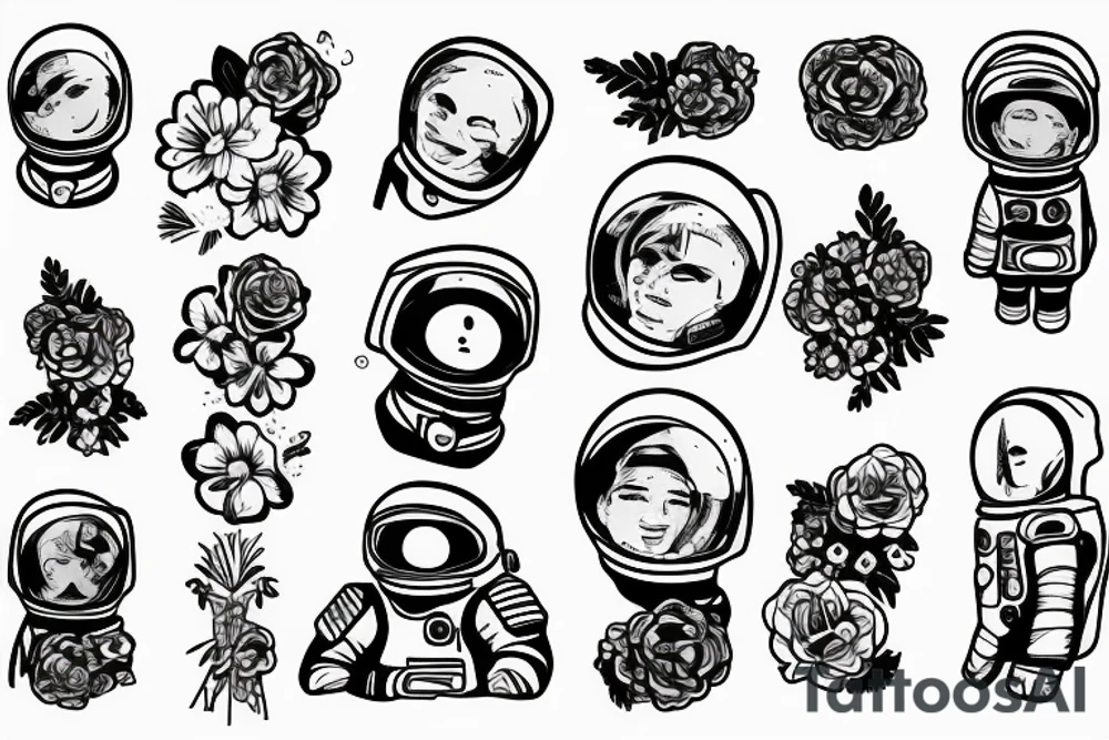 Astronaut in a spacesuit. Instead of the head a bouquet of flowers. tattoo idea