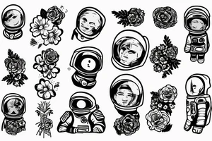 Astronaut in a spacesuit. Instead of the head a bouquet of flowers. tattoo idea