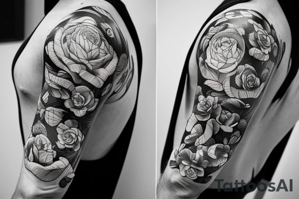 Astronaut in a spacesuit. Instead of the head a bouquet of flowers. tattoo idea