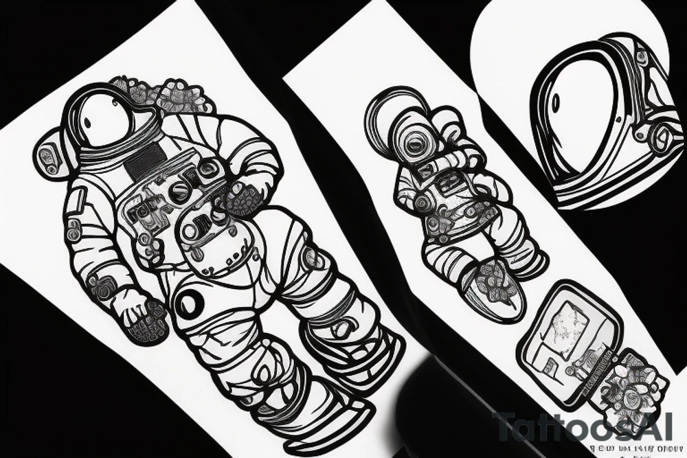 Astronaut in a spacesuit. Instead of the head a bouquet of flowers. tattoo idea