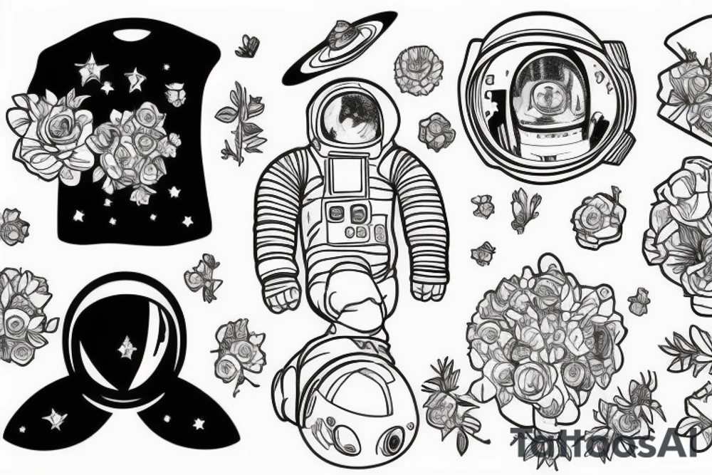 Astronaut in a spacesuit. Instead of the head a bouquet of flowers. tattoo idea