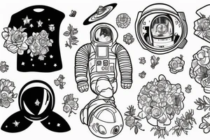 Astronaut in a spacesuit. Instead of the head a bouquet of flowers. tattoo idea