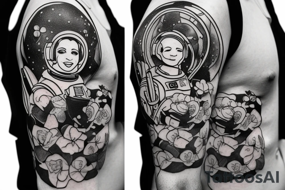 Astronaut in a spacesuit. Instead of the head a bouquet of flowers. tattoo idea