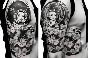 Astronaut in a spacesuit. Instead of the head a bouquet of flowers. tattoo idea